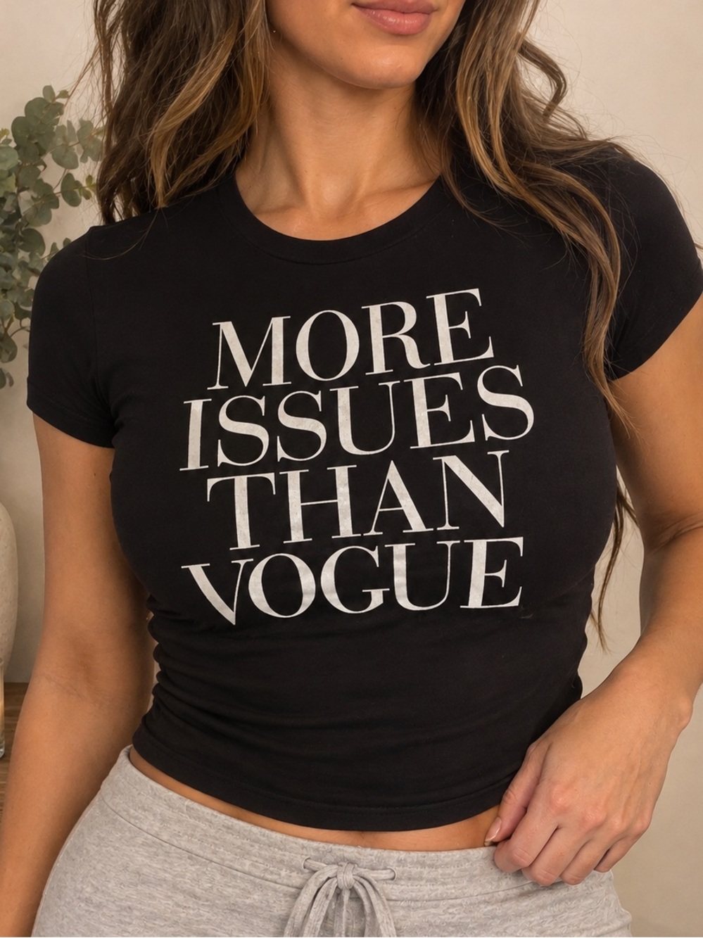 American Apparel Black Crop Tee with 'More Issues Than Vogue' Graphic